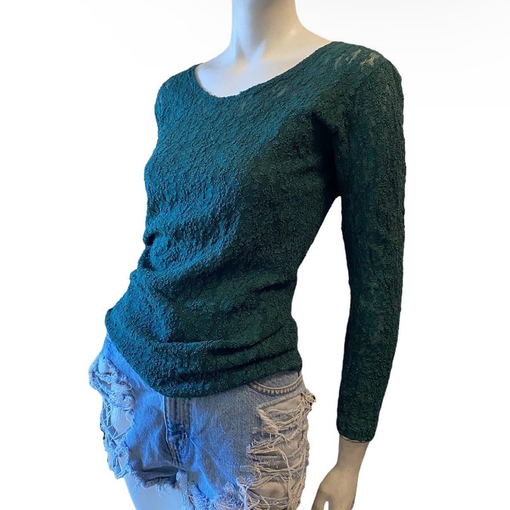 Vintage Y2K Emerald Green Full Lace Long Sleeve Top Sz L